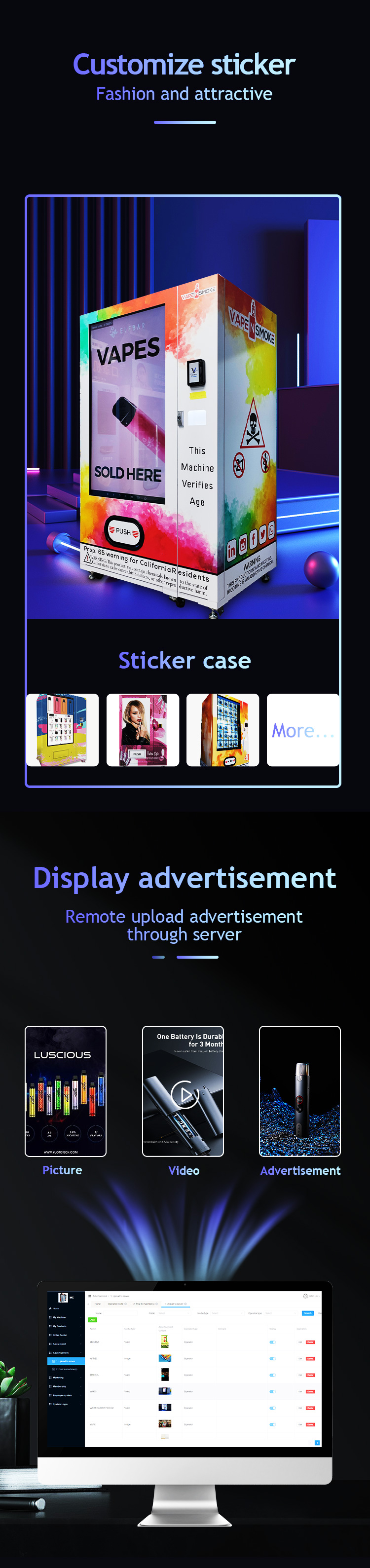 Full Touchscreen Vending Machine display advertisement for vape e-cigarette