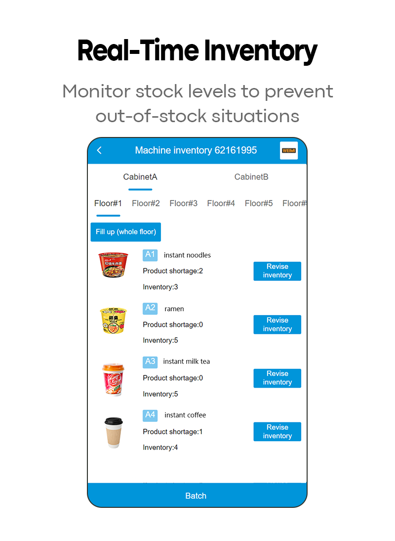 Cup noodle ramen vending machine with free hot water supply remote check real-time inventory and monitor stock levels to prevent out-of-stock situations
