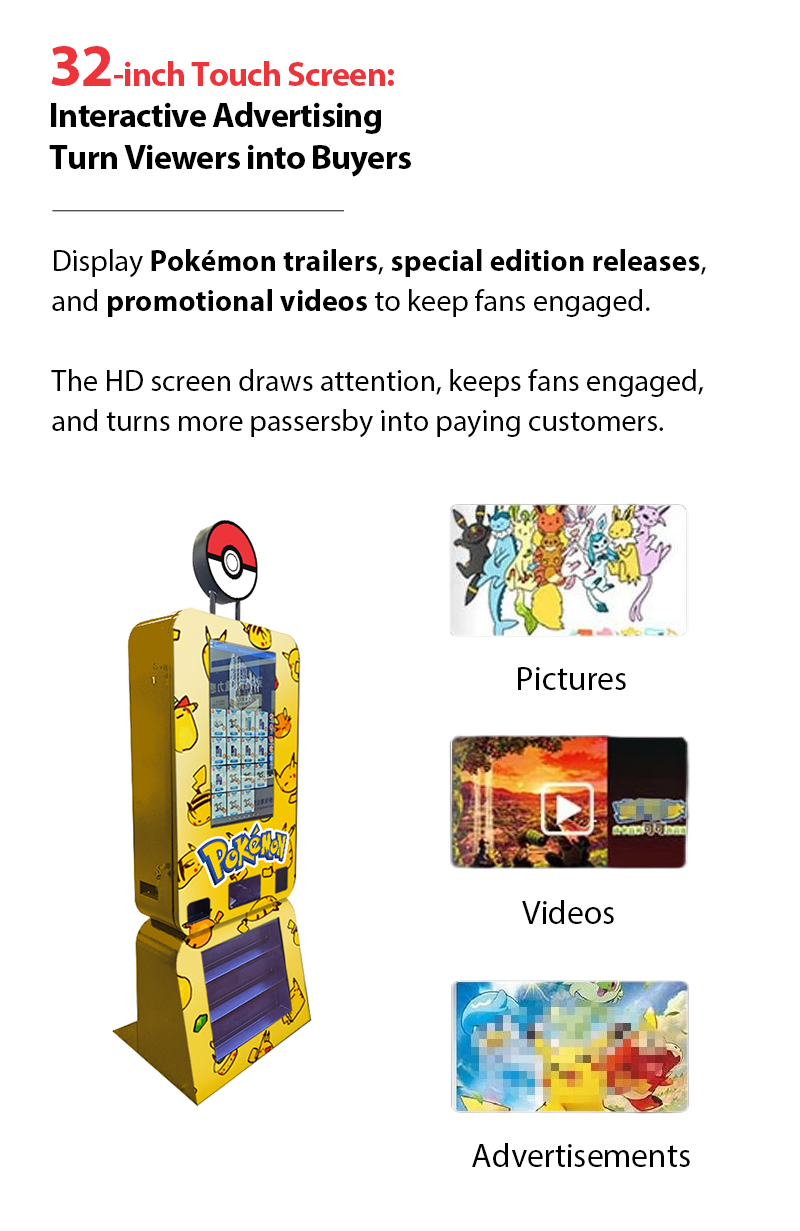 Custom Pokémon TCG Automated Retail Vending Machines with touch screen for advertising