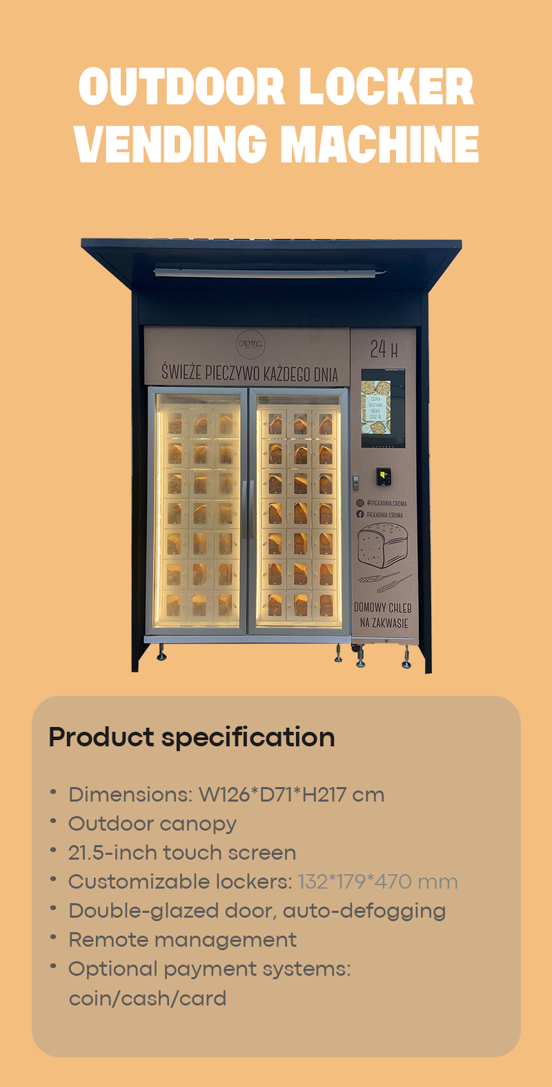 24H Outdoor Refrigerated Cake Vending Machine with Card Reader for Bakery Shop Street Foods