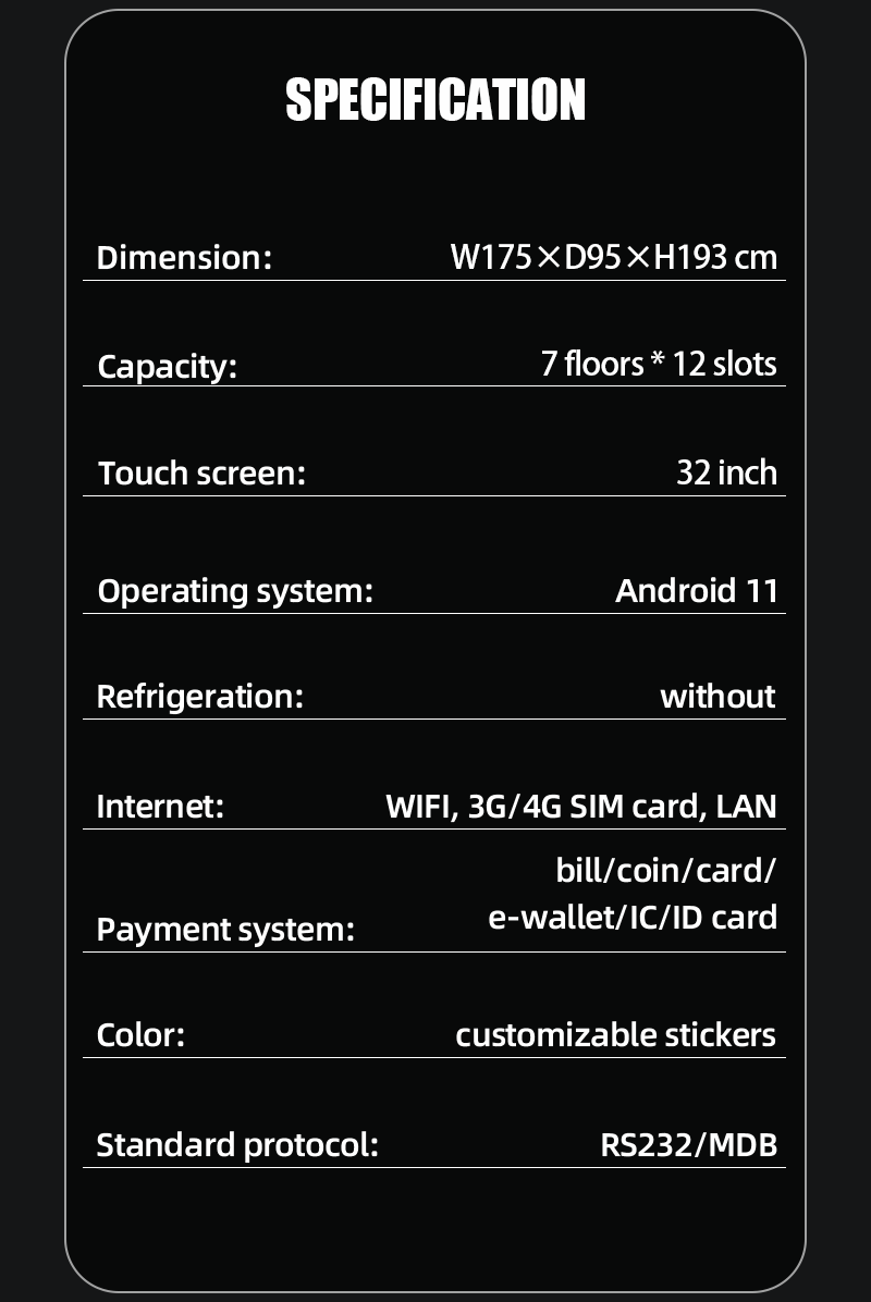 specification-Big Capacity Vending Machines for Electronics 3C Products for Stations