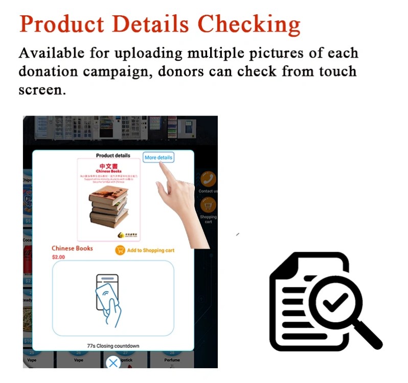Light the World Giving Machine Charitable Vending Solutions checking product details about the donation