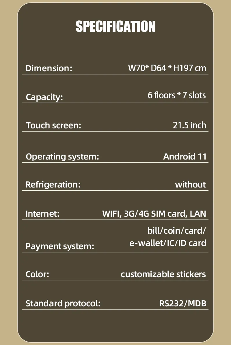 the specification of WEIMI Fashion Beauty Vending Machine for Eyelashes Lipstick Makeup Saving-Space Design