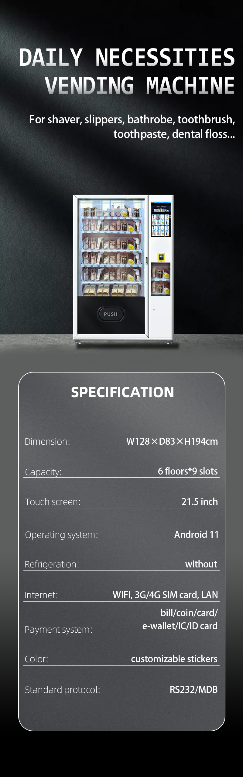 Towels Slippers Toothbrush Vending Machine with Card Reader specification