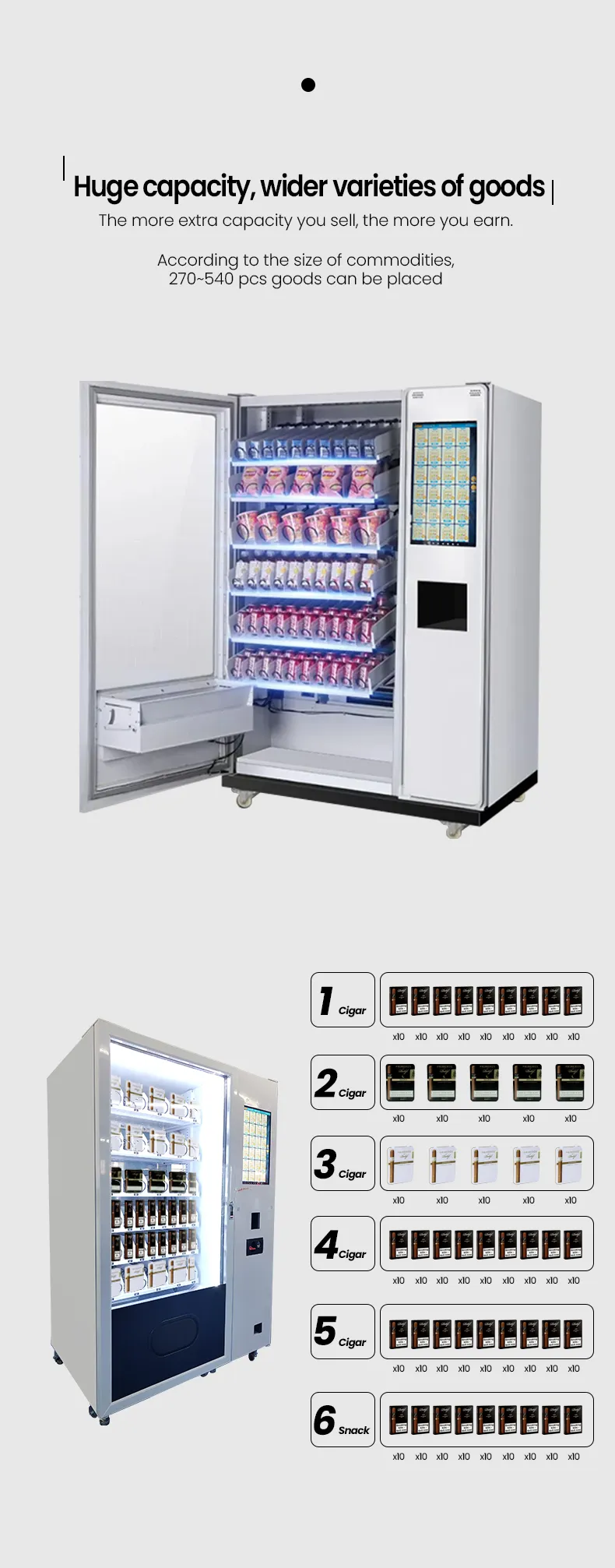 Smart vending machine for cigarette vape with age checker option touch screen and cash coin card reader