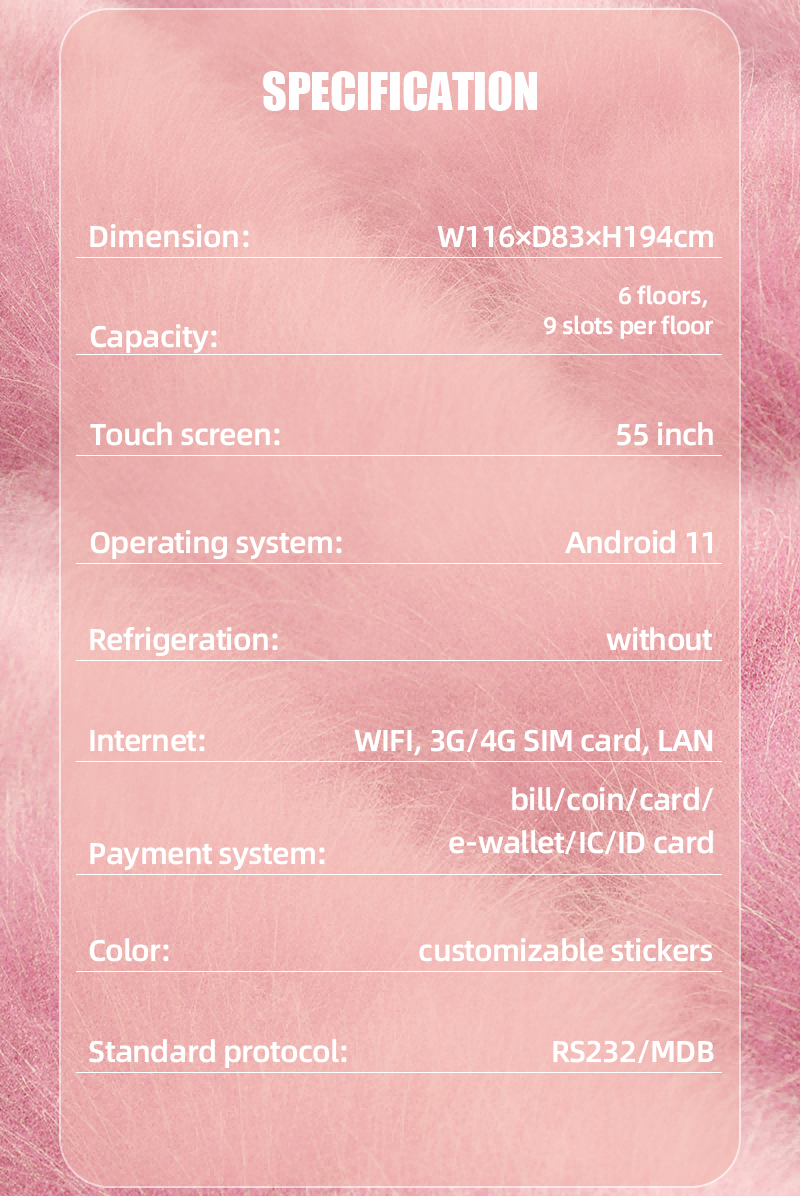 specification of Vending Machine for Perfume with 55-inch Touchscreen
