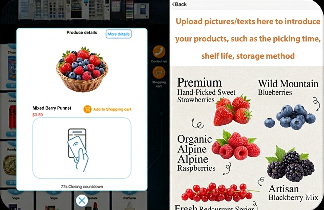 Pittalis strawberry vending machine touchscreen product detail and selection interface