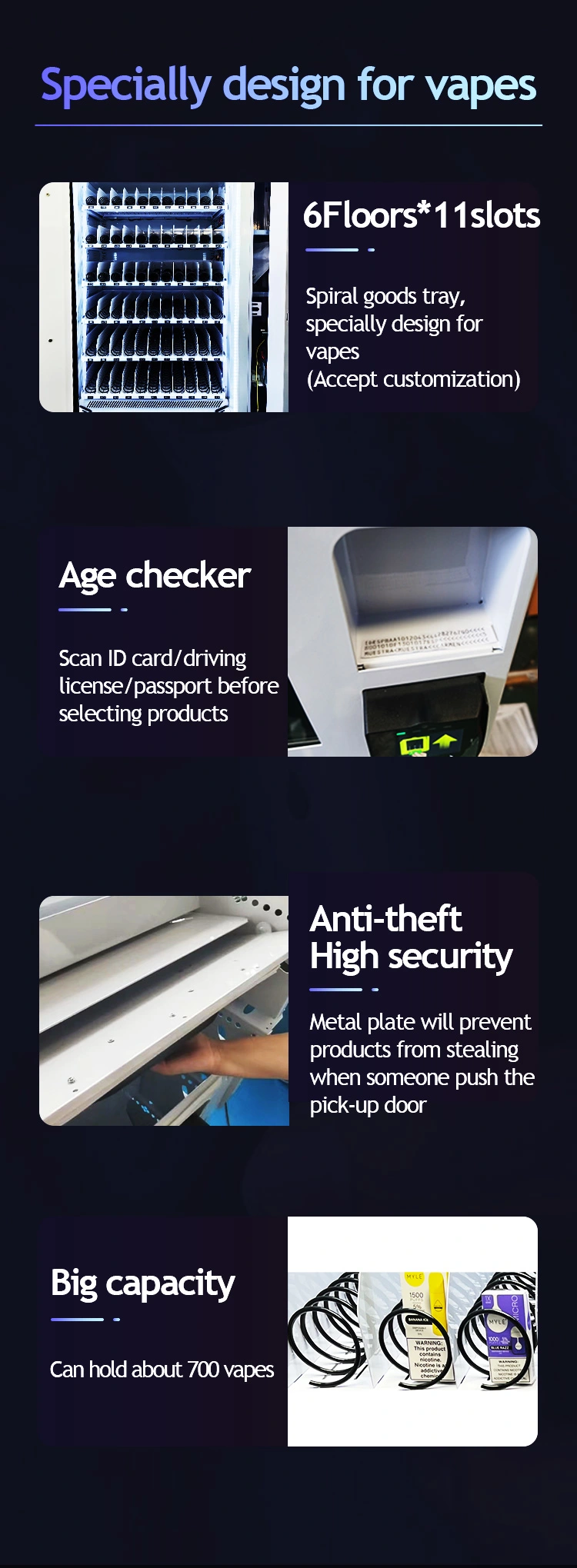 Full Touchscreen Vending Machine with age verification and anti-theft high security big capacity for up to 700 vapes