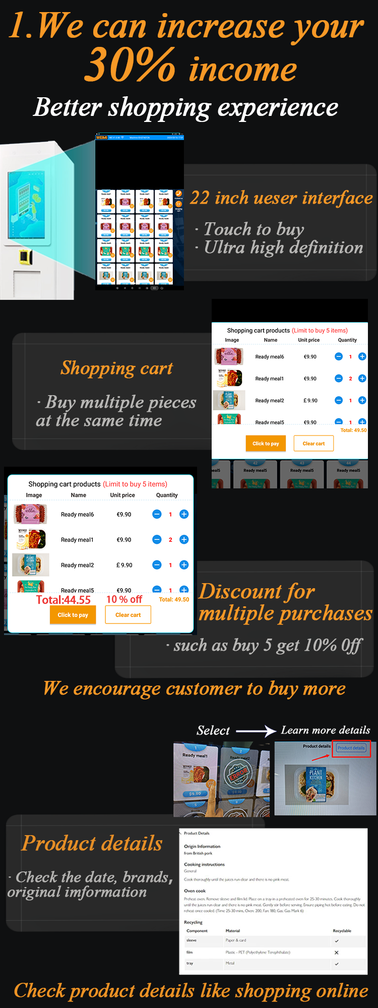 Intelligent Elevator Food Vending Machine with 21.5-inch touchscreen & card reader great shopping experience