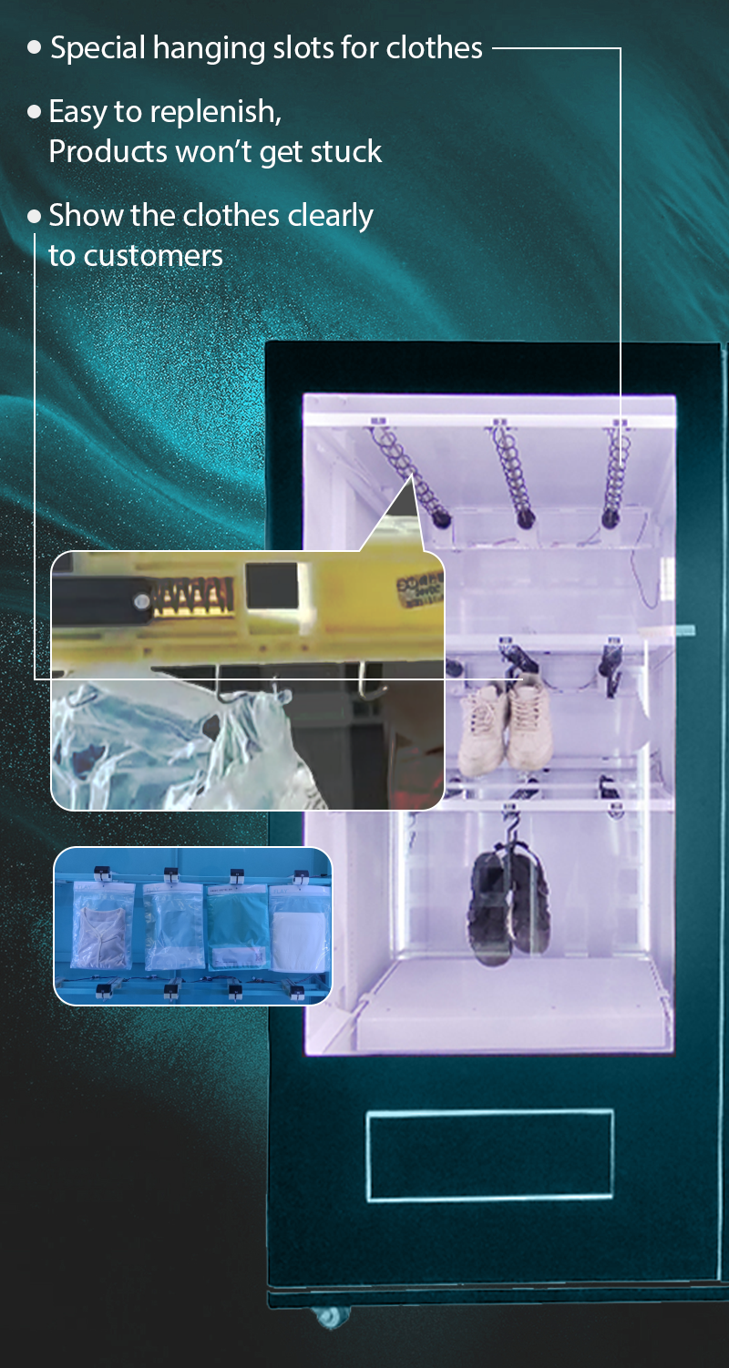 T-shirts Clothing Vending Machine Big Digital Touchscreen hanging slots for different clothes in various packing sizes