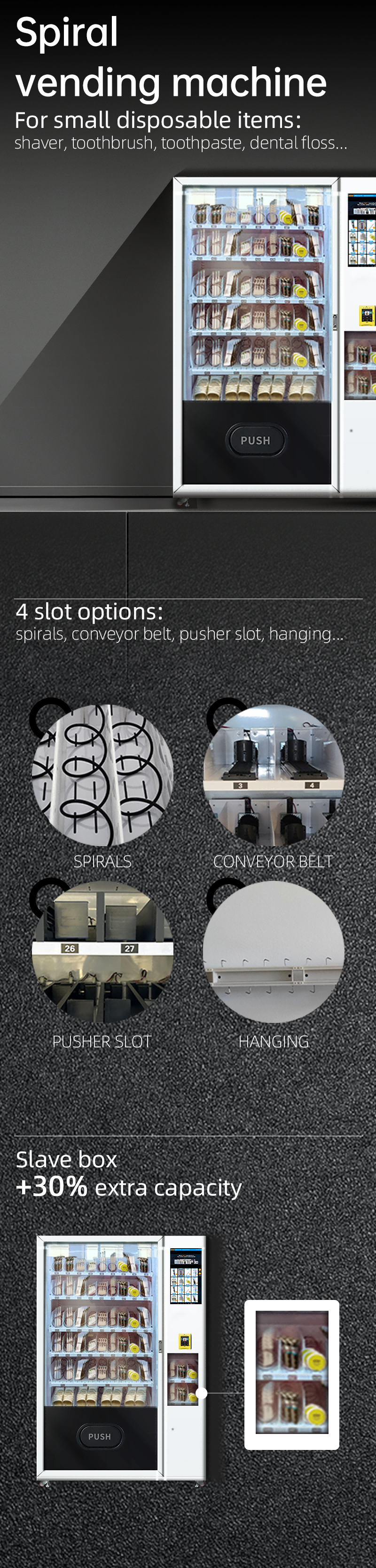 Weimi hotel vending machine provides 4 slot options and extra box for 30% extra capacity