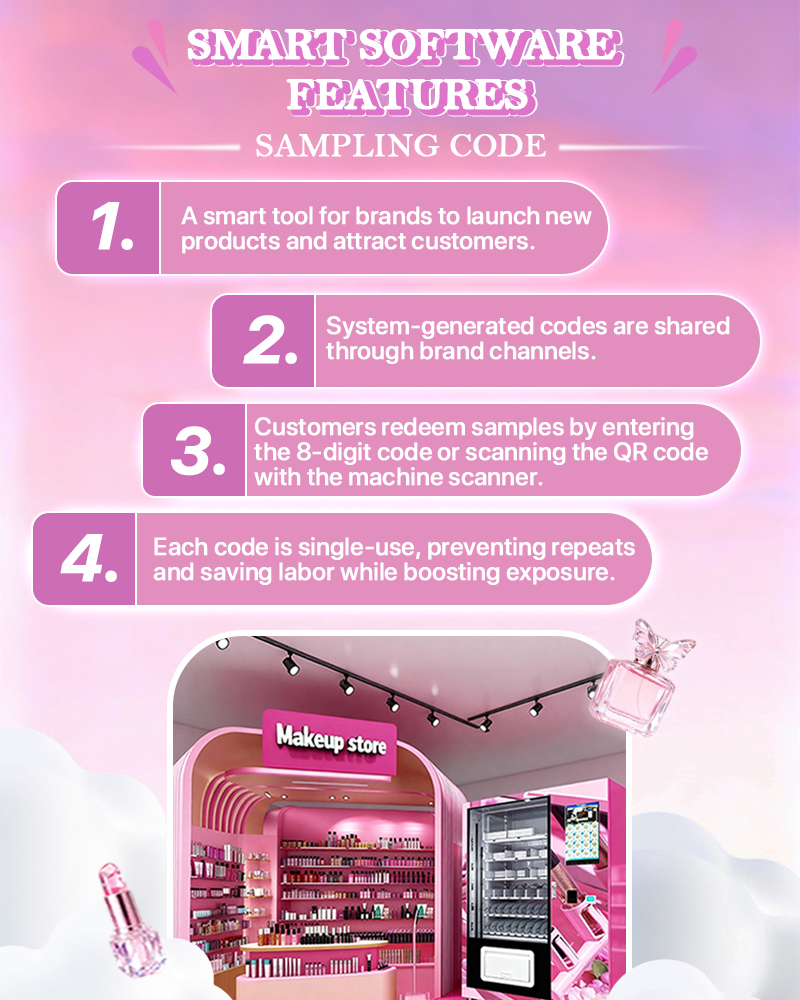 Weimi Skin Care Vending Machine - Free Sample Distribution with Sampling Code. Using system-generated sampling code to get the free samples of branded skin care products