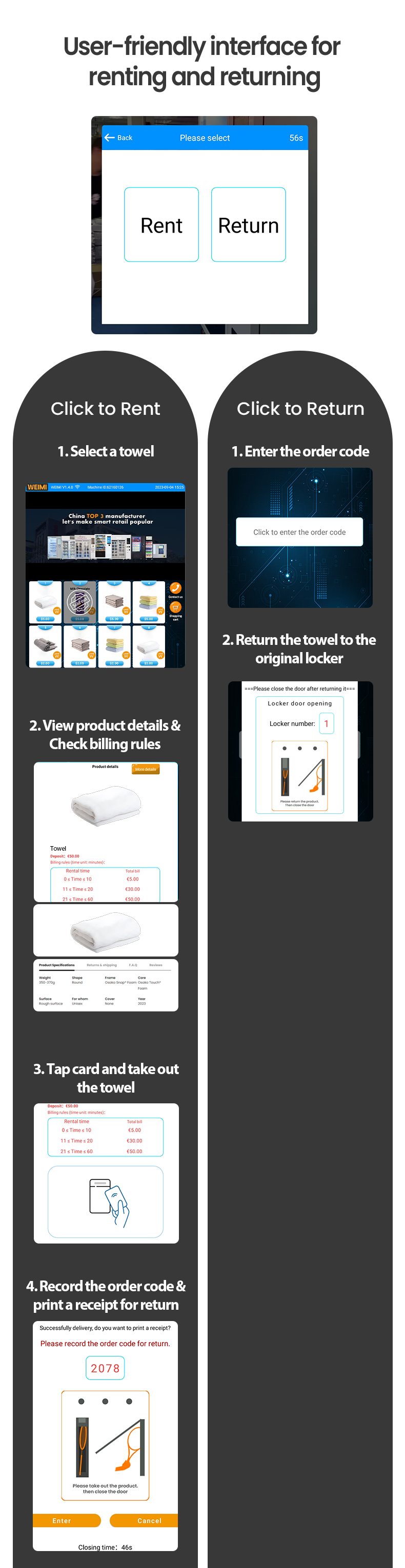 Gym Towel Vending Machine for Towel Storage and Management user-friendly interface for renting and returning