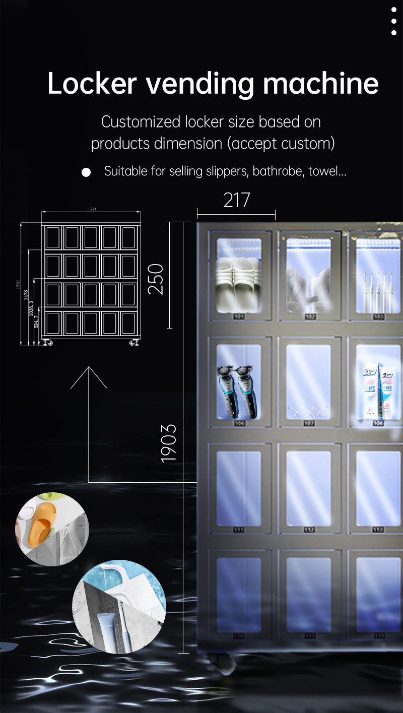 Weimi slipper towel vending machine for hotel. Our machines' locker can be customized for fitting different sizes of products