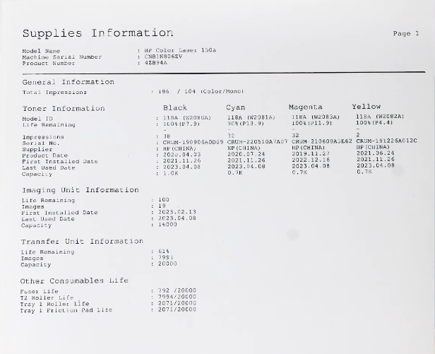HP,150a printer,Consumables problem,supplies test page