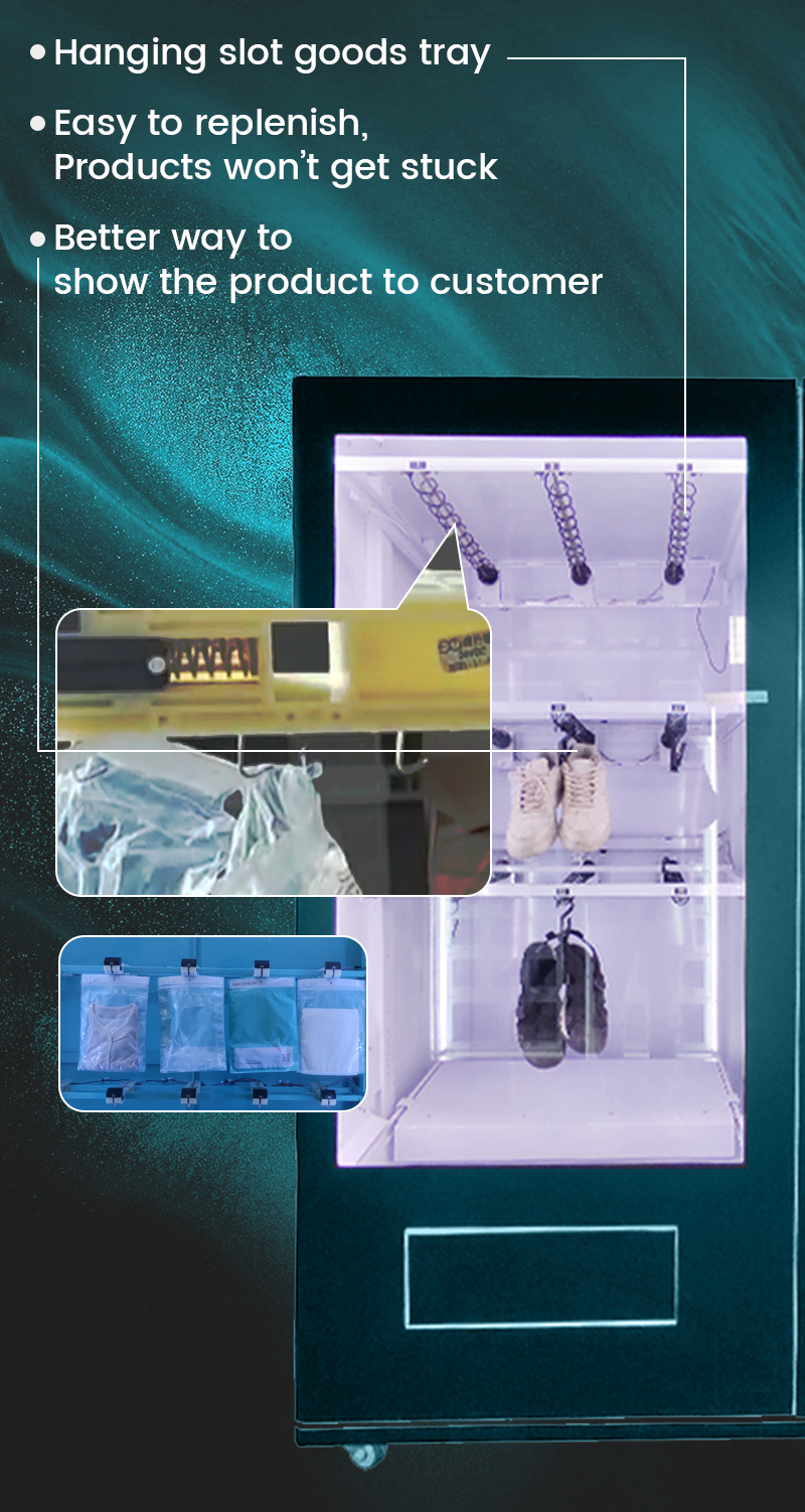 Weimi costume vending machine in the shopping mall. Hanging slots goods tray is easy to replenish, products won't get stuck, and it's a better way to show the product to customer