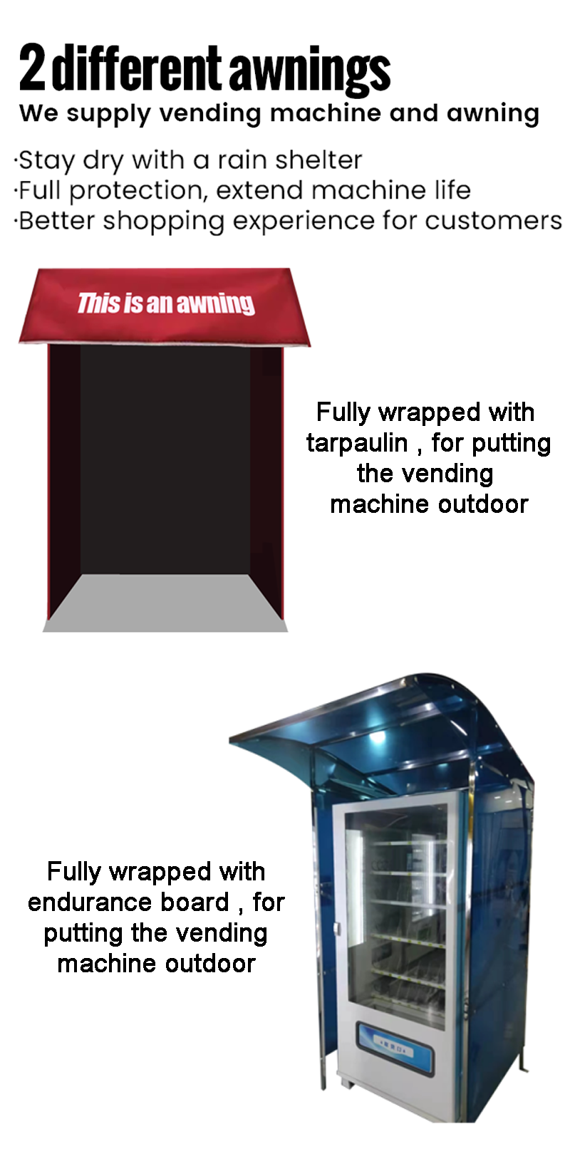Weimi outdoor snack and drink vending machine has 2 different awnings, one is fully wrapped with tarpaulin,one is fully wrapped with endurance board