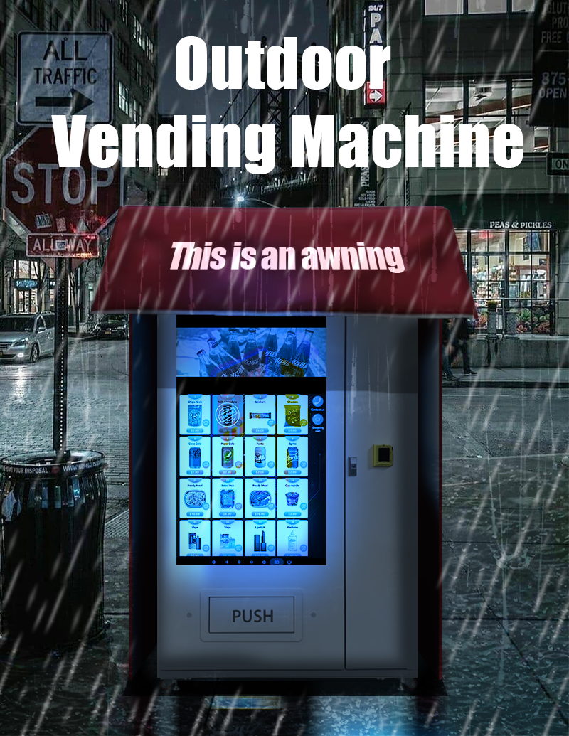 Outdoor full touchscreen snack and drink vending machine with awning rain shelter and card reader