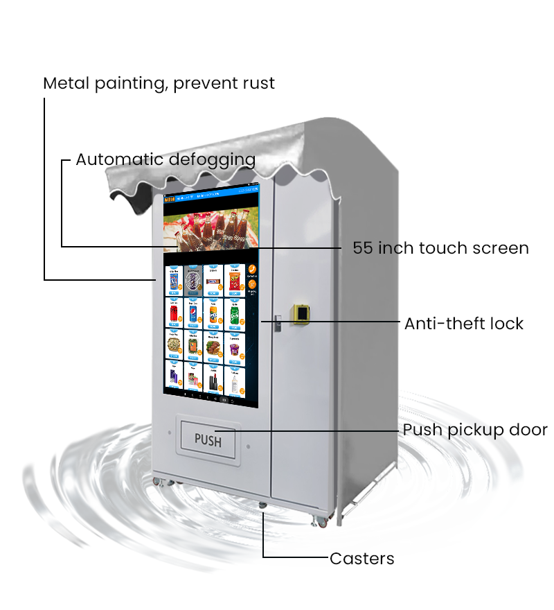 Outdoor full touchscreen snack and drink vending machine with awning rain shelter and card reader