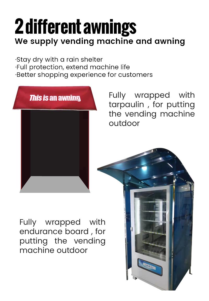 Outdoor full touchscreen snack and drink vending machine with awning rain shelter and card reader