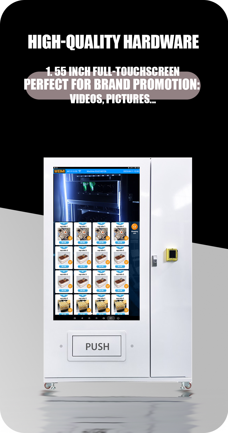 Weimi smart vending machine malaysia with18-month warranty. our machines have 55'inch touchscreen for brand promotion