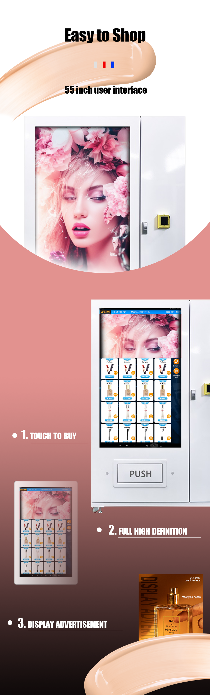 Full touchscreen cosmetics vending machine accept customized payment system has 55 inch touchscreen for easy shopping experiences