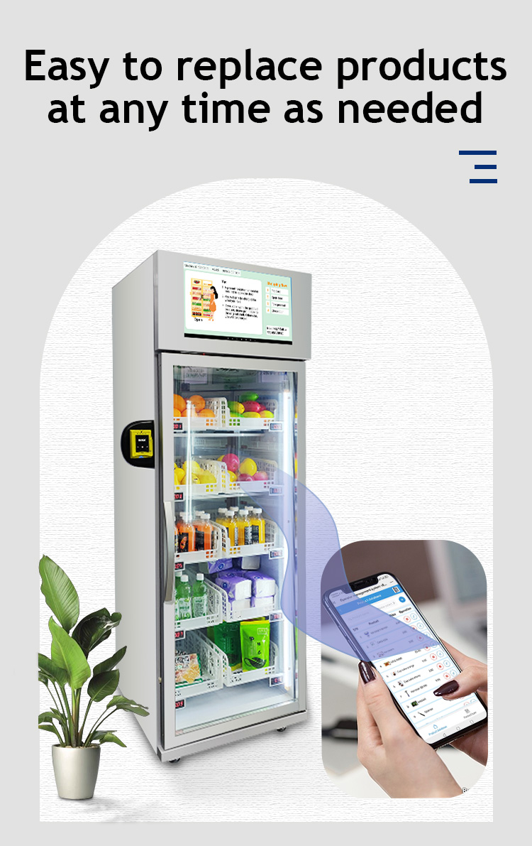 Weimi smart fridge vending machine with for gym with refrigerator system. the baskets design is east to replace products at any time as needed
