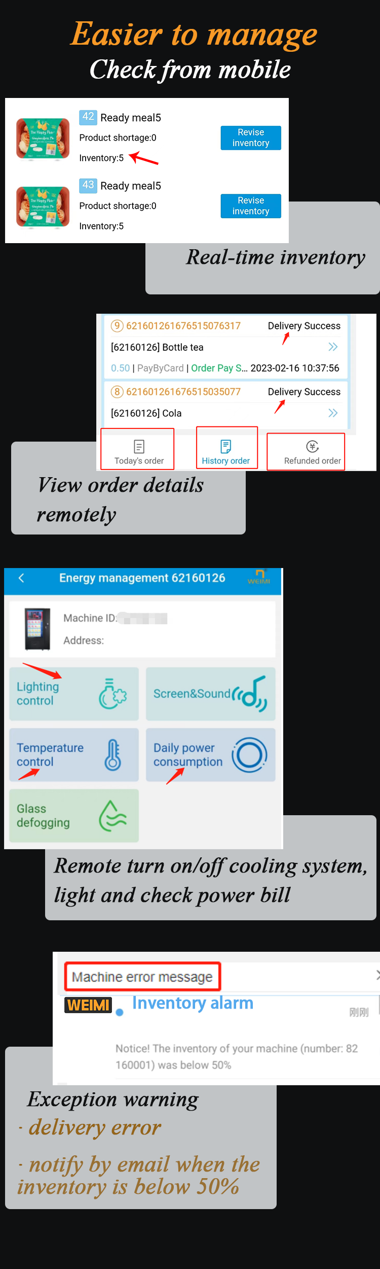 weimi smart software system support operator to manage the snack drink vending machine easily. They can manage the vending machine on mobile and PC.