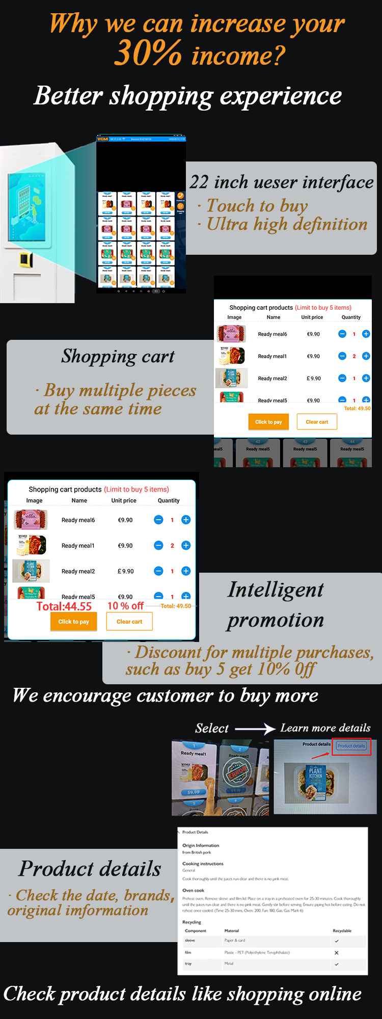 La máquina expendedora combinada de snacks tiene una mejor experiencia de compra, está equipada con una pantalla táctil de 22 pulgadas con carrito de compras y verificación de detalles del producto.
