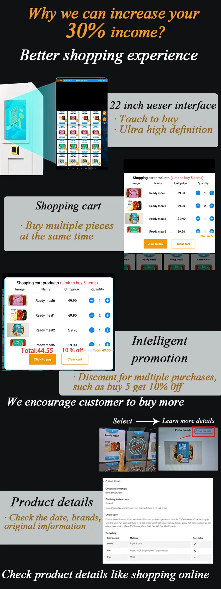 combo snack drink vending machine has better shopping experience, it's equipped with 22 inch touch screen with shopping cart and product detail checking.