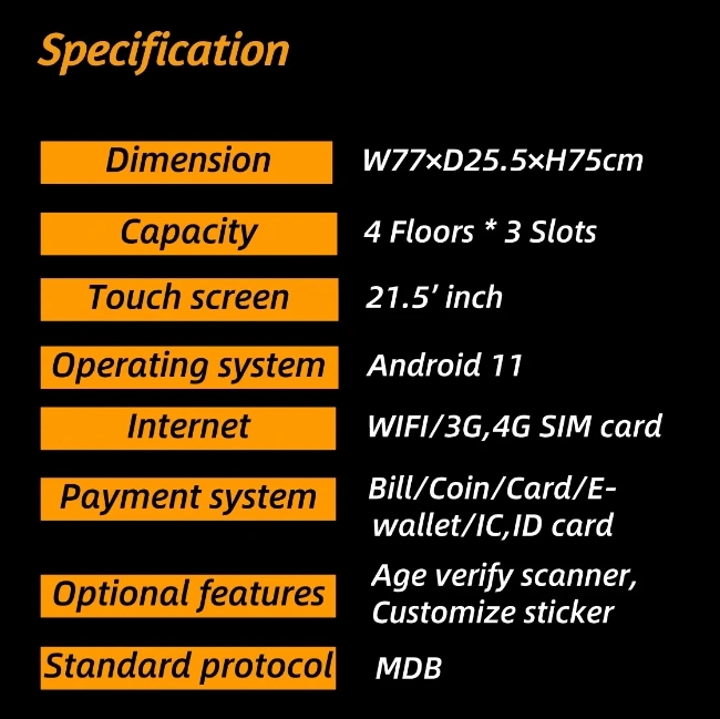 the specification of weimi e-cigarette vending machine. support installing age checker