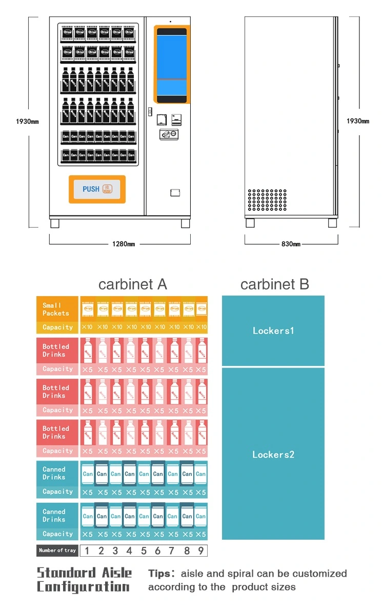 Combo snack drink vending machine with 21.5 inch touch screen and smart management system