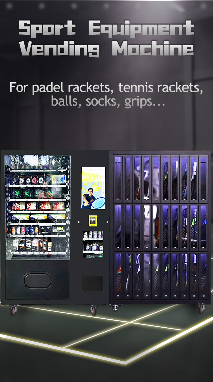 sport equipment vending machine for padel rackets, tennis rackets, balls, socks, grips