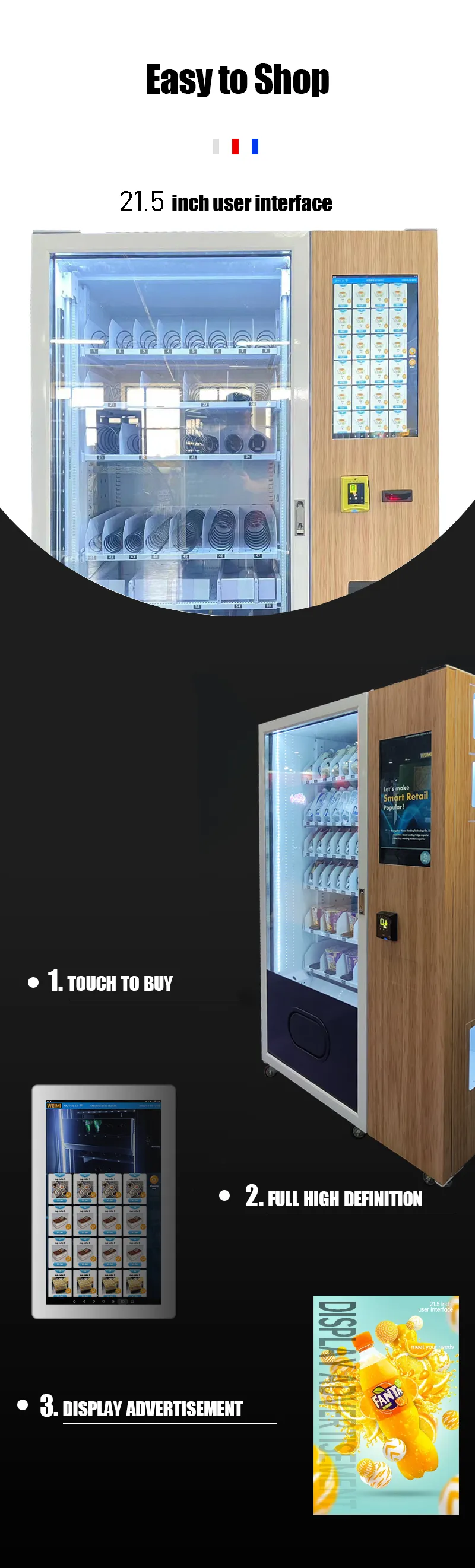 Outdoor pet vending machine with awning for selling pet food and wash products in unmanned store