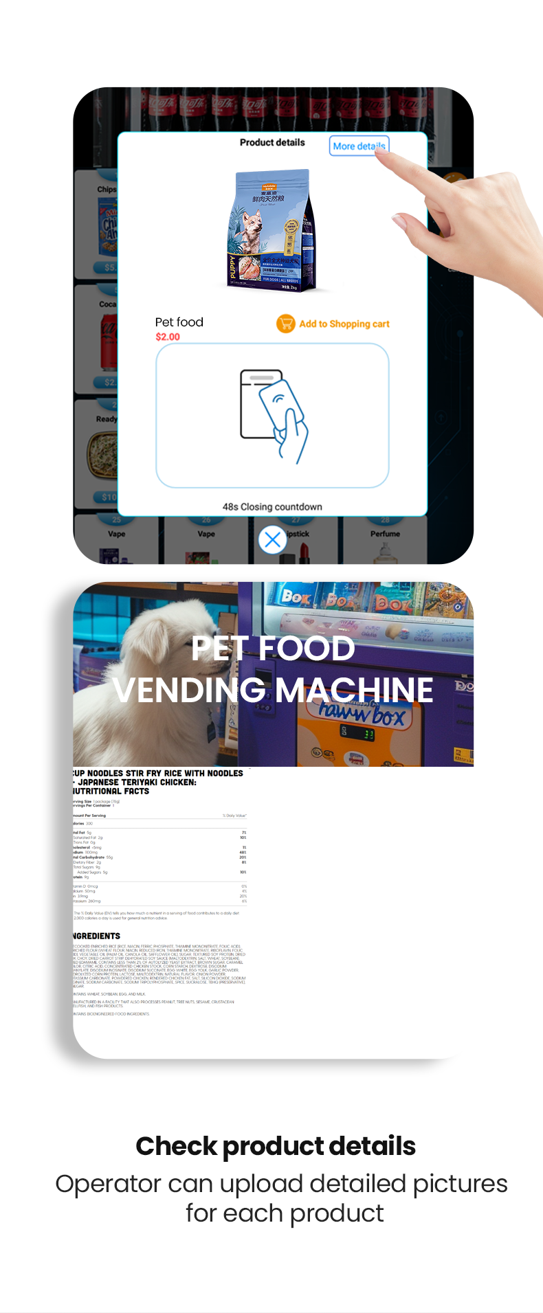 Outdoor pet vending machine with awning for selling pet food and wash products in unmanned store