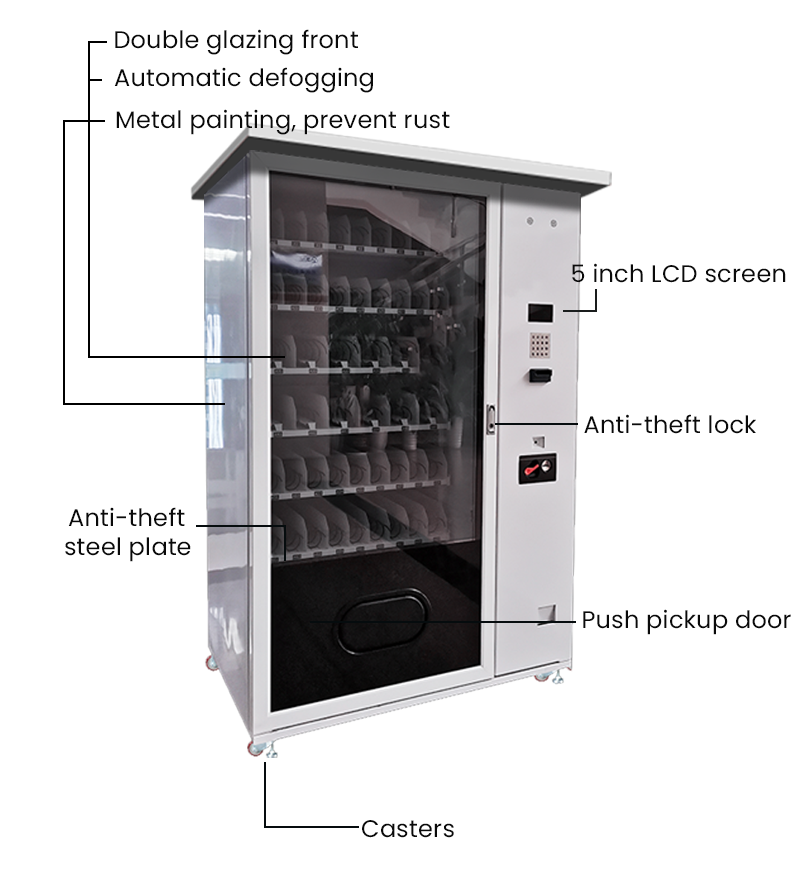 outdoor vending machine with shelter awning, double glazing front, metal pointing for prevention rust