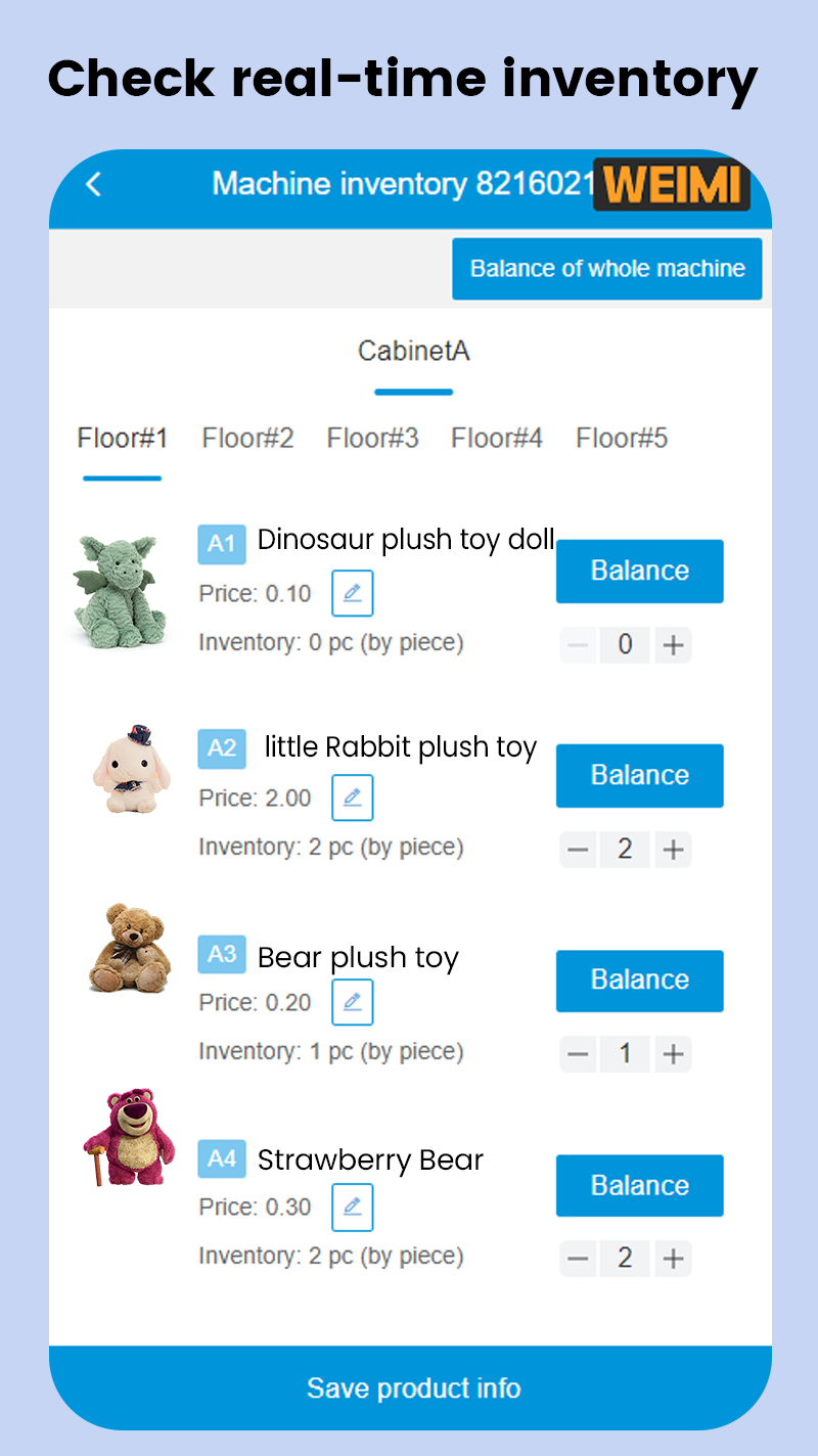 Micron Stuffed Animals Vending Machine for Amusement Game Center supports check real-time inventory remotely