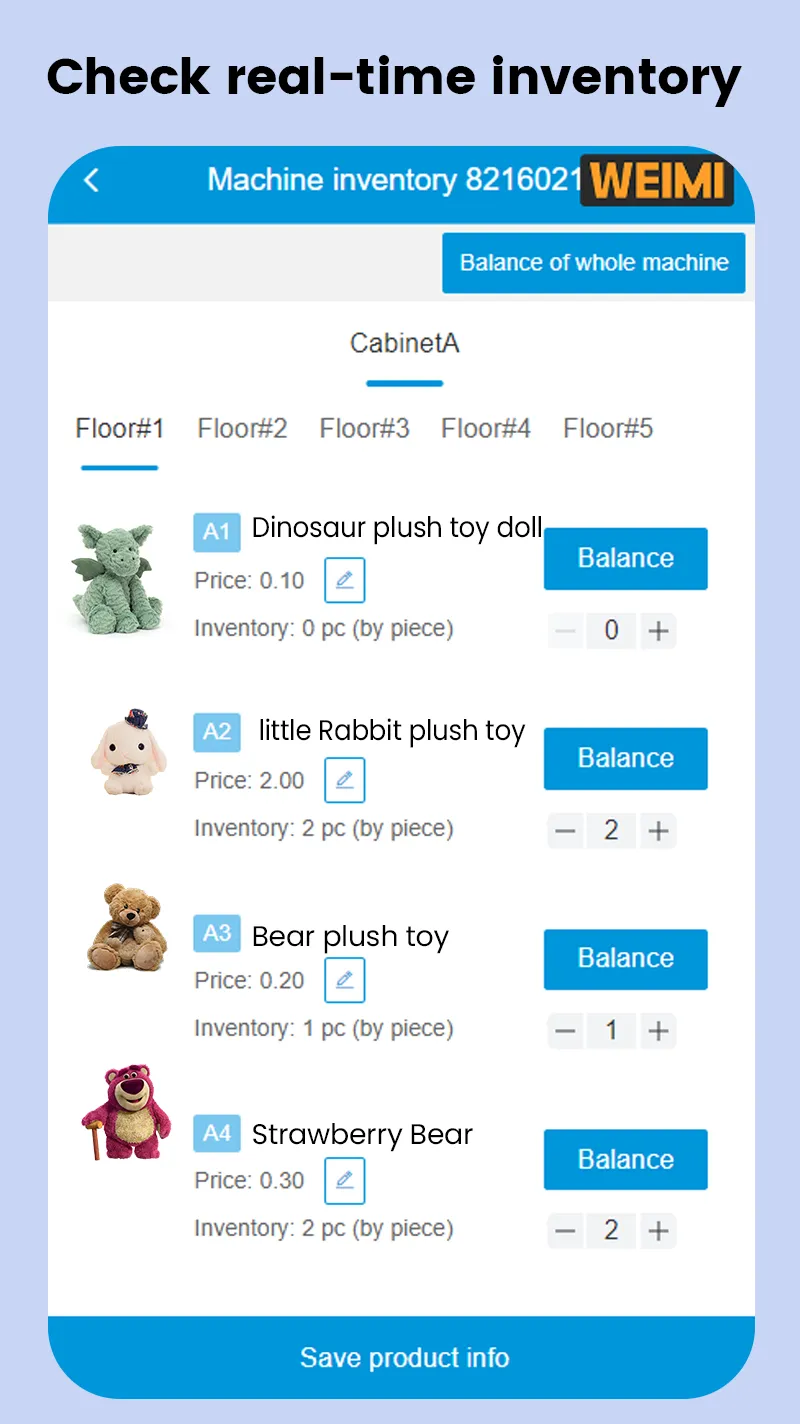 Micron Stuffed Animals Vending Machine for Amusement Game Center supports check real-time inventory remotely