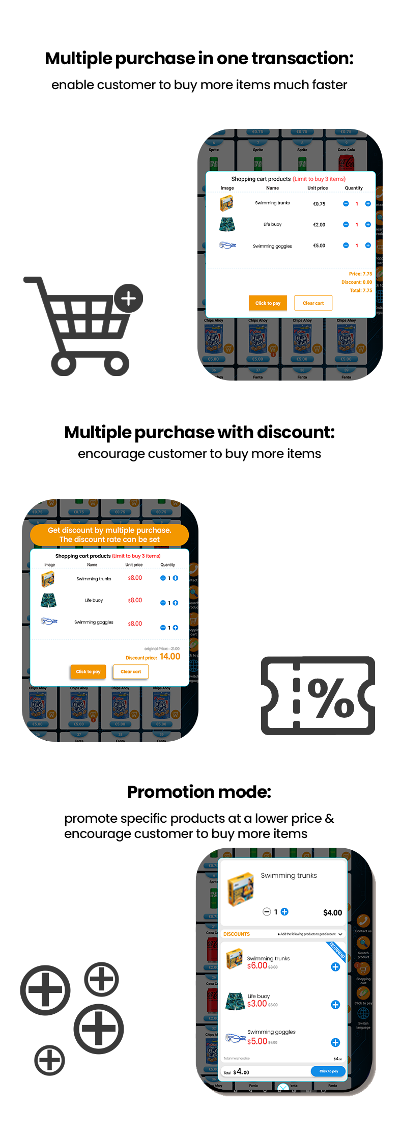 Swimming Vending Machine for Sports Accessories Swimming Goggles Swimsuits. Our system supports setting multi-buys discounts