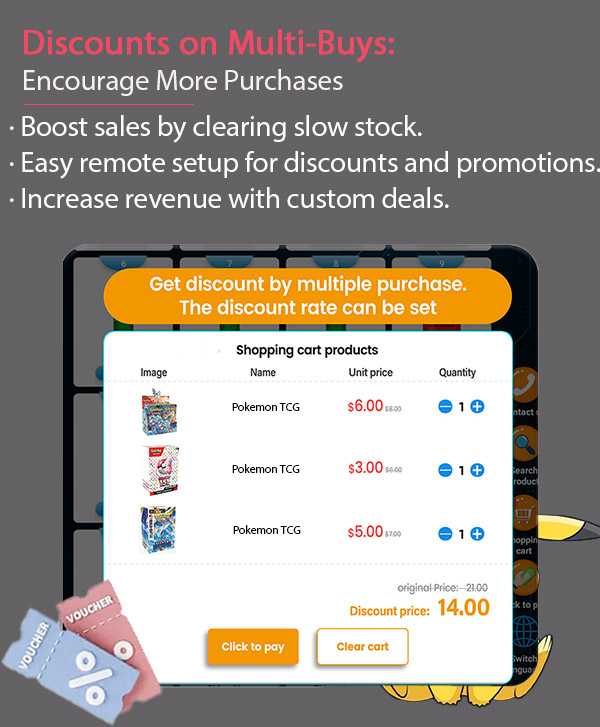 weimi pokemon center vending machine with discounts on multiple buys on products. retailers can set discounts independently in the backend to encourage customers to buy more