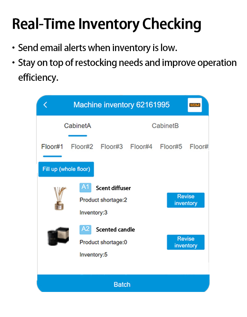 Weimi fragrance vending machine can check real-time inventory and send email alerts to help retailers stay on top of restocking and improve operation efficiency