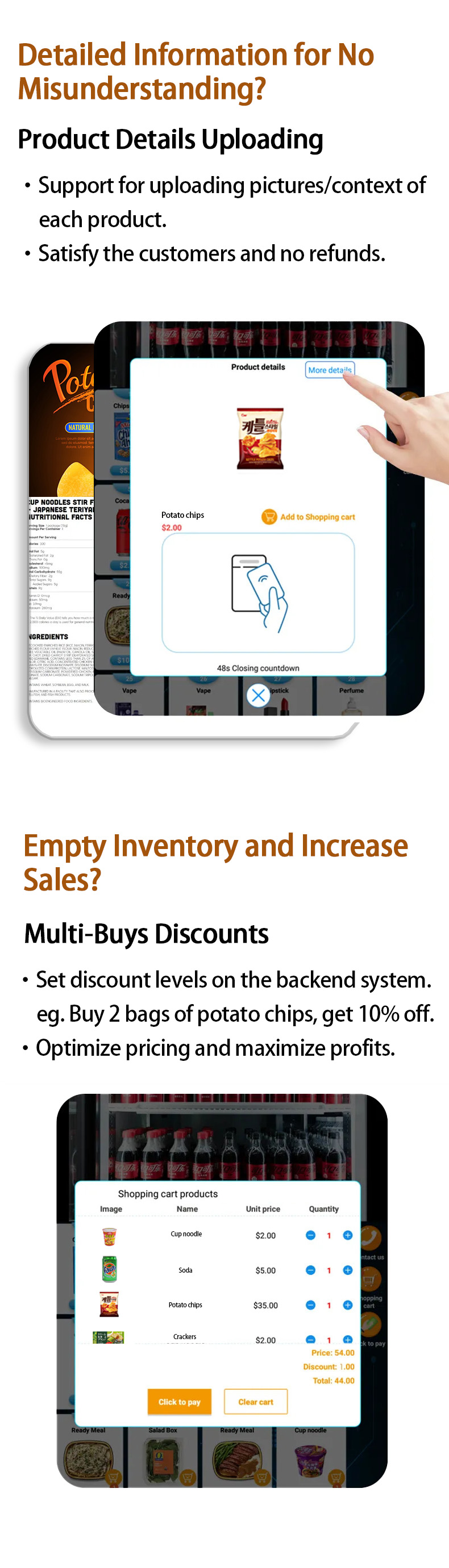 We provides the function of product detail checking and multiple purchase. the large touch screen can not only show the detailed information of products but also playing advertisement