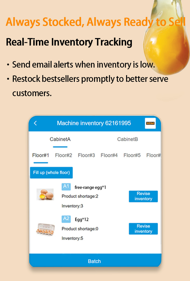 Weimi egg vending machine in USA with real-time inventory tracking. send email alerts when inventory is low