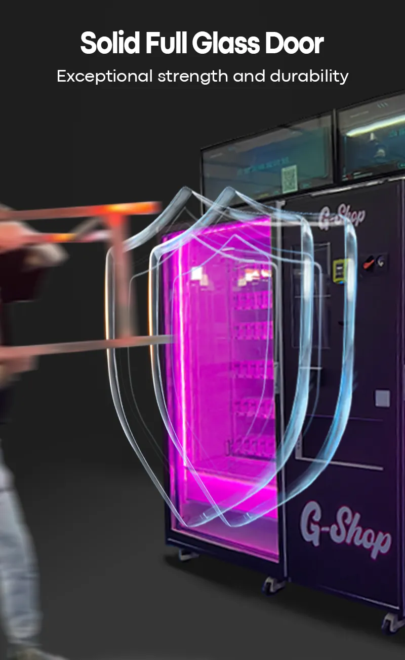 Large Capacity Two in One Food Drink Cigarette Dispenser Vending Machine with Middle Pick-up Touch Screen and Top Screen. solid full glass door for exceptional strength and durability
