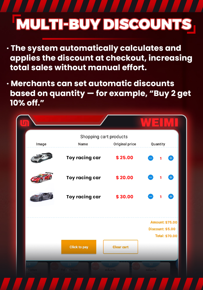 Weimi toy car vending machine with multi-buy discount. Merchants can set automatic discounts based on quantity- for example,