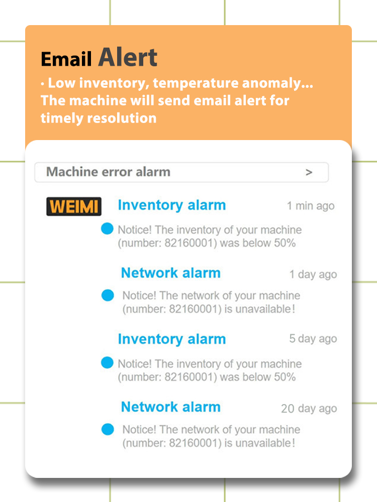 Weimi healthy vending machine for sale with email alert to send email alerts for time resolution