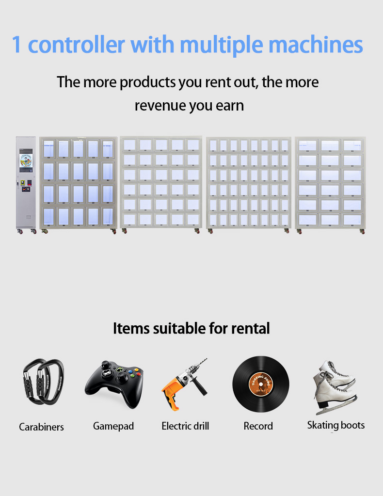 Weimi rock gear rental vending machine. 1 controller can connect up to 8 machines