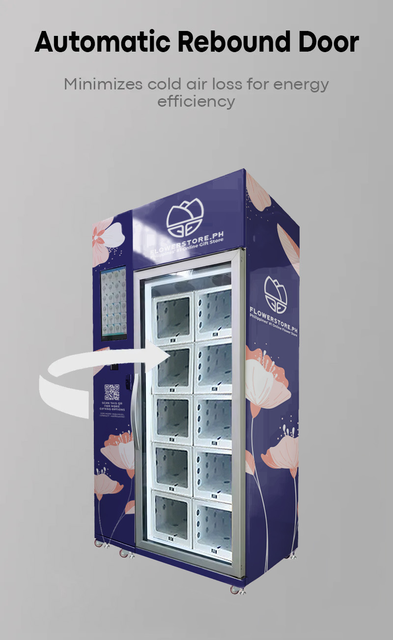 weimi cooling locker vending machine for flowers with automatic rebound door. this door can minimizes cold air loss for energy efficiency