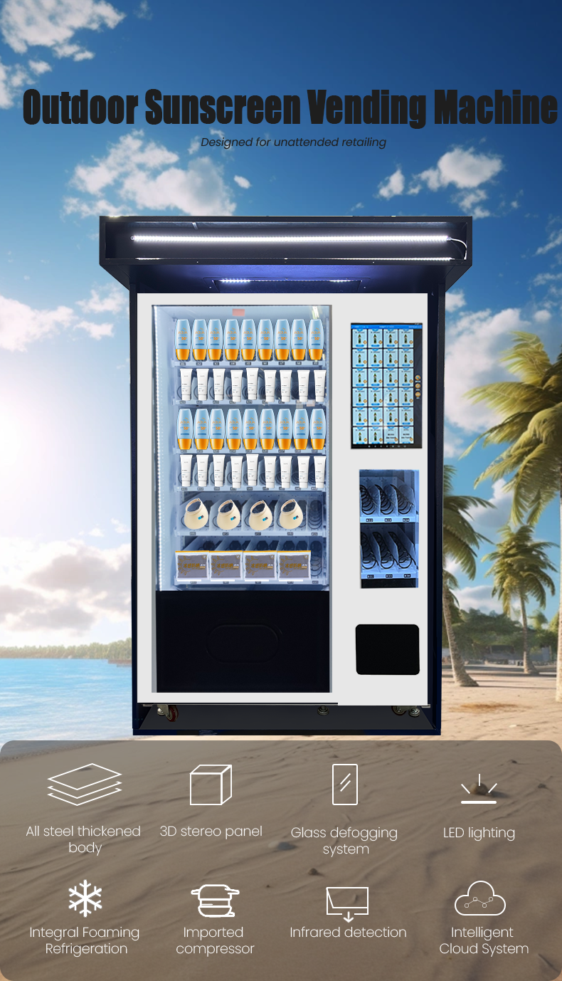 Outdoor sunscreen vending machines with 21.5 inch touch screen awning shelter and slave box in beaches and parks.beach vending machine, sunscreen dispenser in parks