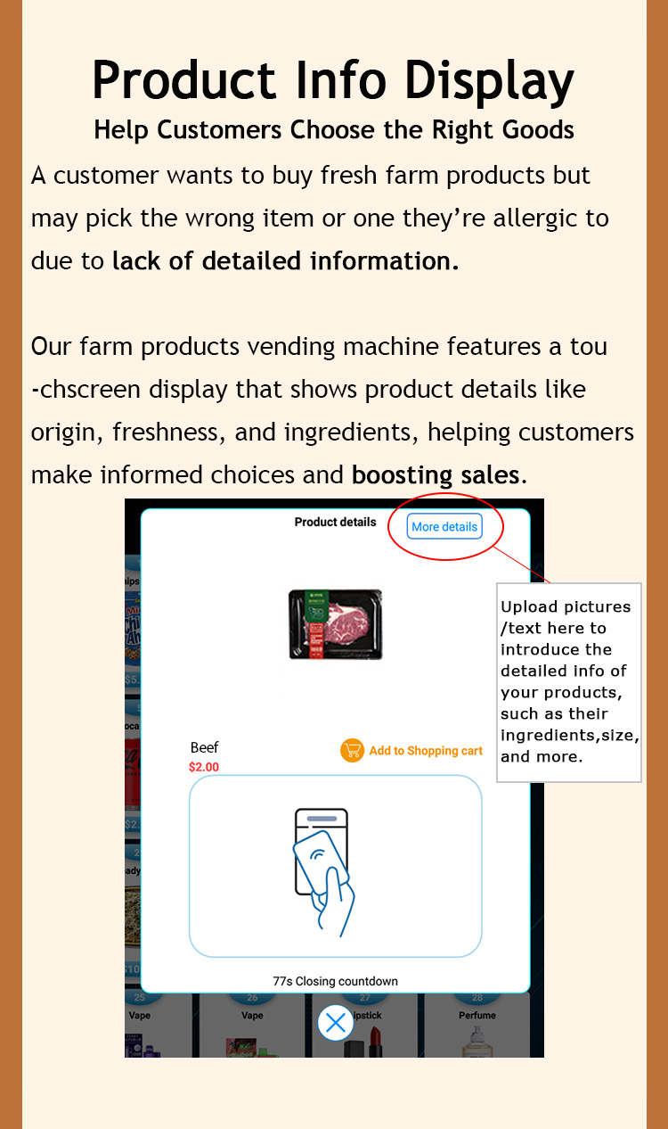 weimi intelligent egg vending machine with products detail checking,our farm products vending machine features a touchscreen display that shows product details like origin, freshness, and ingredients, helping customers male informed choices and boosting sales